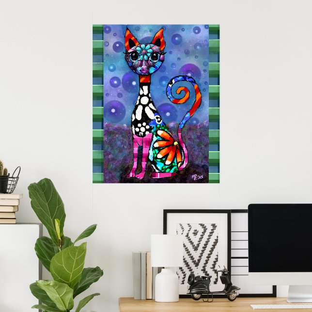 Póster Whimsical Big-Eyed Funky Kitty Cat Abstract (Oficina en casa)