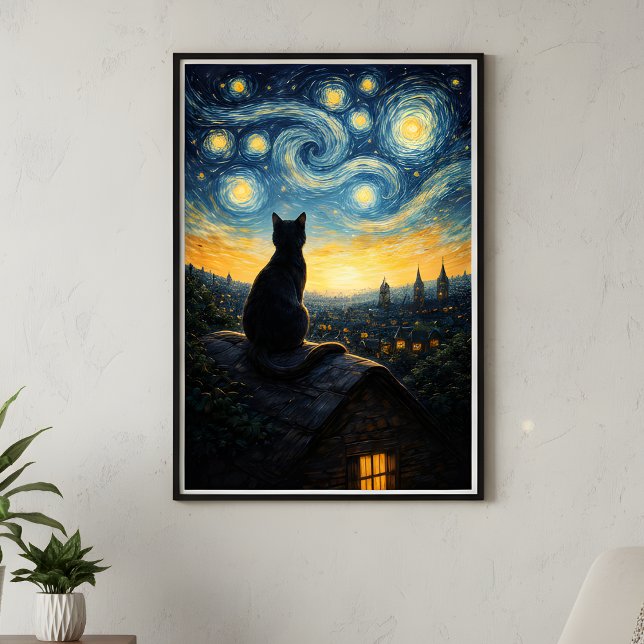 Póster Whimsical Black Cat & Celestial Town Wall Art  (Subido por el creador)