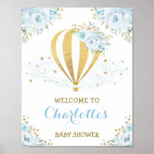 Póster Whimsical Blue Floral Hot Air Balloon Welcome