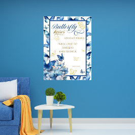 Póster Whimsical Blue Gold Butterfly besa Baby Shower