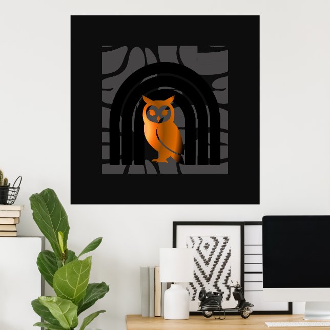 Póster Whimsical Boho Owl & Tropical Monstera Leaf (Oficina en casa)