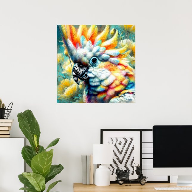 Póster Whimsical Cockatoo Ave Amarillo Poppies Floral (Oficina en casa)