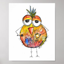 Póster Whimsical Colorful Bird Drinking Coffee