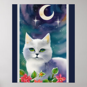 Póster Whimsical Cosmic Kitty Watercolor