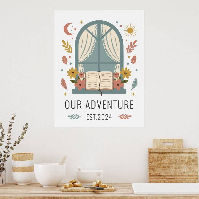 Póster Whimsical Cottage Flowers Window Illustration (Cocina)