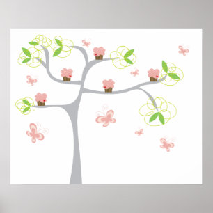 Póster Whimsical Cupcakes Tree Butterflies Dulce Cumpleañ