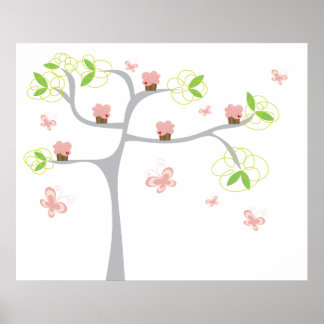 Póster Whimsical Cupcakes Tree Butterflies Dulce Cumpleañ