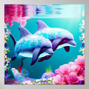 Póster Whimsical Dolphins and Floral Underwater      