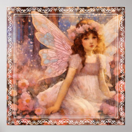 Póster Whimsical Fairy in Dreamy Pink Floral Garden