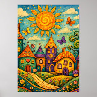 Póster Whimsical Fairy Tale Village Colorful Canvas Art