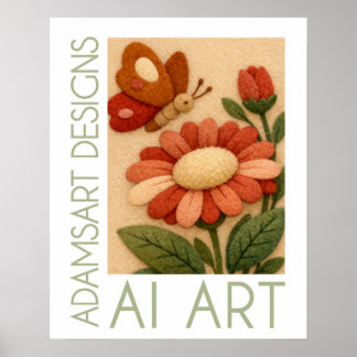 Póster Whimsical Felt Butterfly and Flower Folk Art