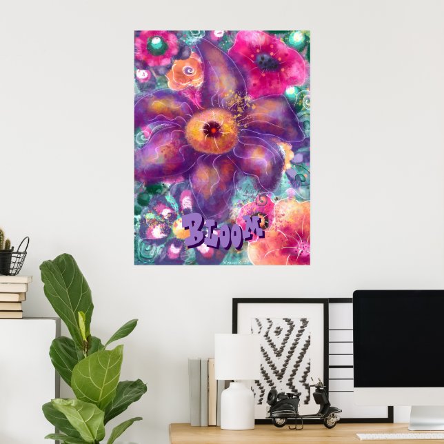 Póster Whimsical Floral Abstract Art Teal Personalized (Oficina en casa)