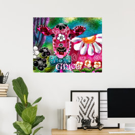 Póster Whimsical Floral Cow Pink Teal Black Personalized