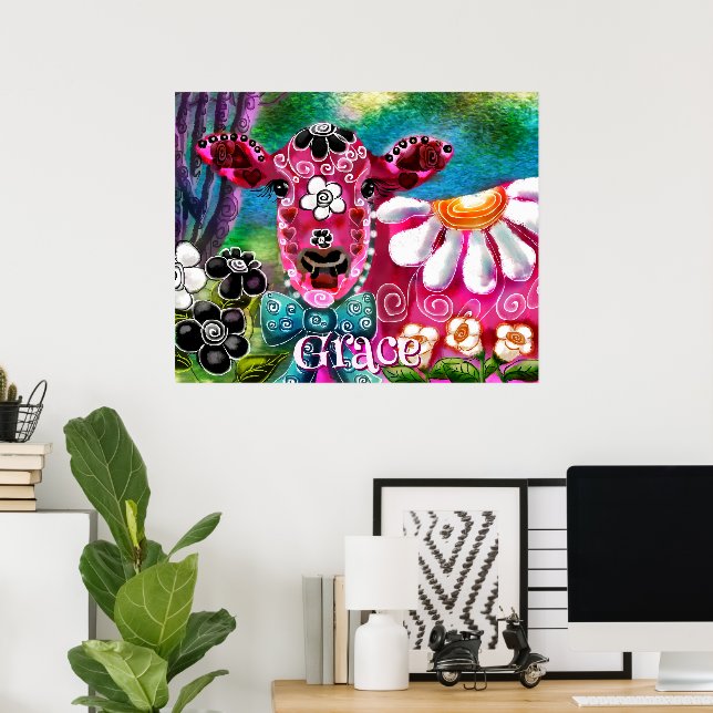 Póster Whimsical Floral Cow Pink Teal Black Personalized (Oficina en casa)