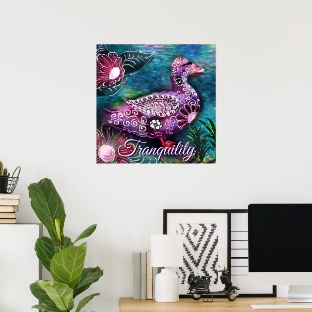 Póster Whimsical Floral Duck Purple Teal Personalized (Oficina en casa)