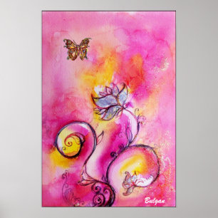 Póster WHIMSICAL FLOWERS & BUTTERFLIES  pink yellow blue