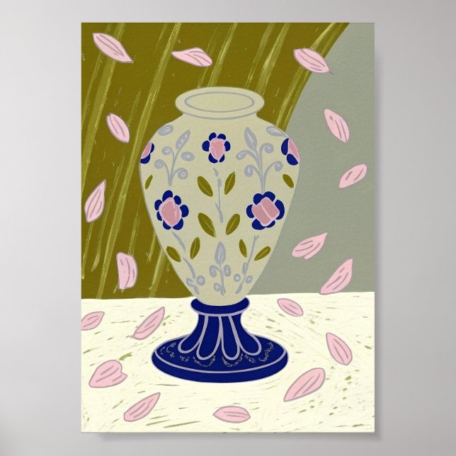 Póster Whimsical Folk Art Ceramic Vase with Falling Pink  (Frente)