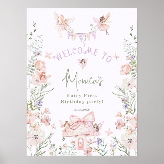 Póster Whimsical garden Fairy First Birthday Welcome (Frente)