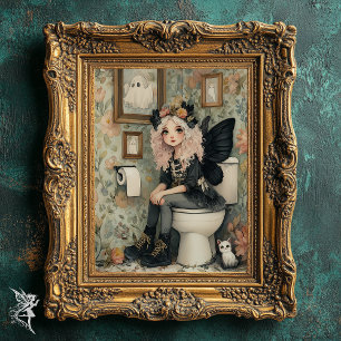 Póster Whimsical Halloween Fairy on Toilet with Ghost Art