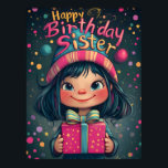 Póster Whimsical Happy Birthday Sister Ilustracion<br><div class="desc">Este es un diseño de cumpleaños bellamente ilustrado que presenta un chica lindo, de ojos grandes, con pelo oscuro, mejillas rosadas y una sonrisa brillante. Lleva un gorra colorido a rayas con una pompa, a juego con el fondo animado y festivo lleno de burbujas flotantes, estrellas y chispas mágicas. La...</div>