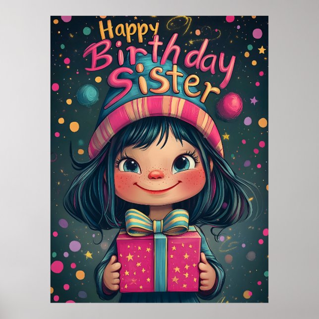 Póster Whimsical Happy Birthday Sister Ilustracion (Frente)