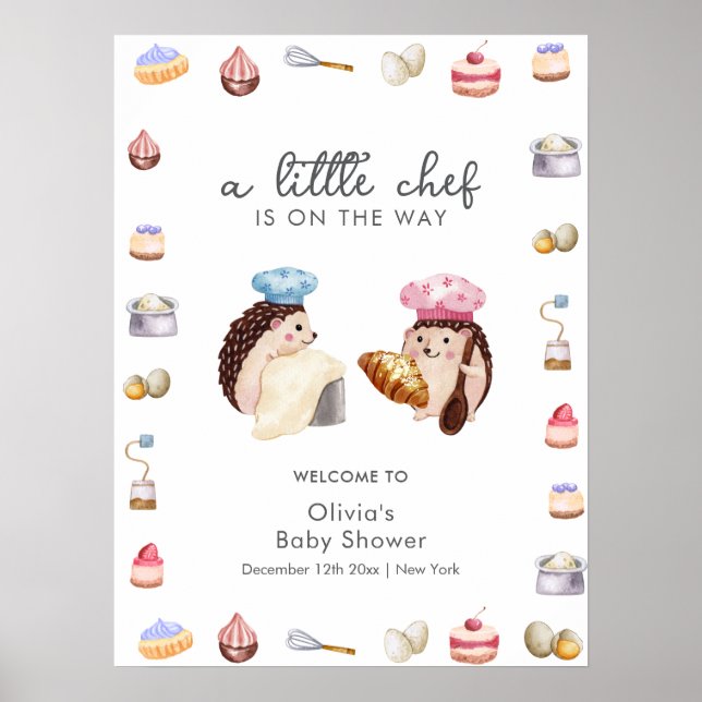 Póster Whimsical Hedgehog Chef Baker Baby Shower Welcome (Frente)