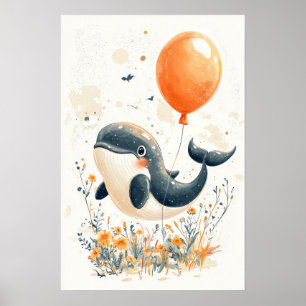 Póster Whimsical Ilustracion de ballenas con globo Naranj