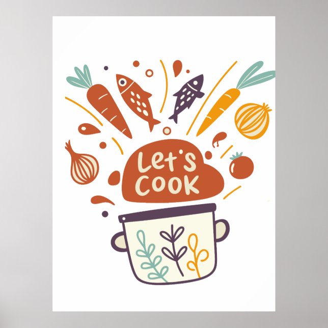 Póster Whimsical Kitchen Scene with "Let's Cook" Text - (Frente)