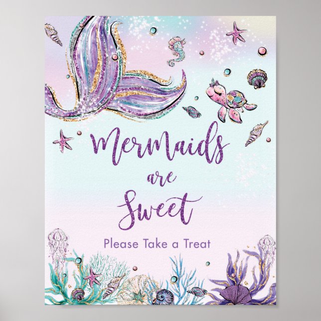 Póster Whimsical Mermaid Tail Sweet Tret Rótulo de cumple (Frente)