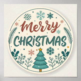 Póster Whimsical Merry Christmas Round Pegatina con árbol