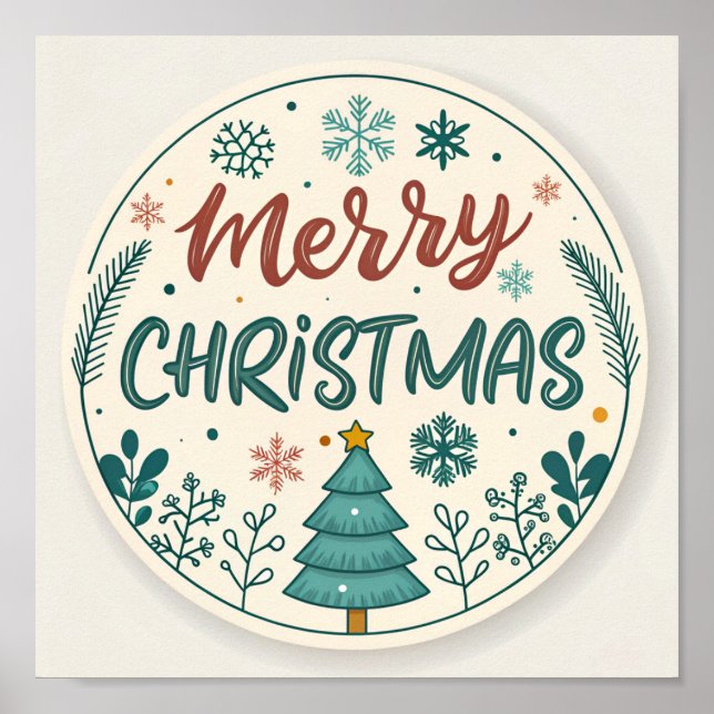 Póster Whimsical Merry Christmas Round Pegatina con árbol (Frente)