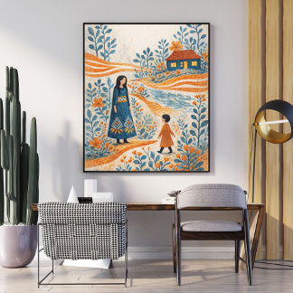 Póster Whimsical Mother and Child Folk Art Illustration