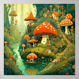 Póster Whimsical Mushroom Village