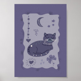 Póster Whimsical Night Cat Folk Art Poster