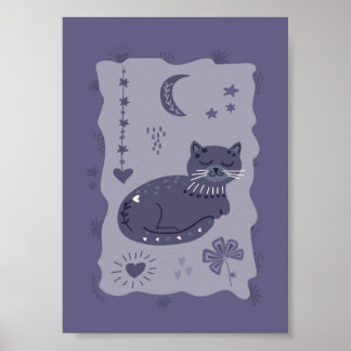Póster Whimsical Night Cat Folk Art Poster