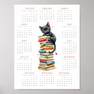 Póster Whimsical One-Page 2026 Cat & Book Stack Calendar