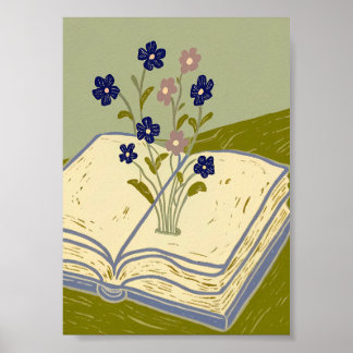 Póster Whimsical Open Book with Wildflowers Illustration 