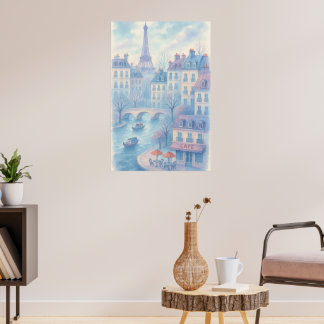 Póster Whimsical Paris Watercolor Cityscape