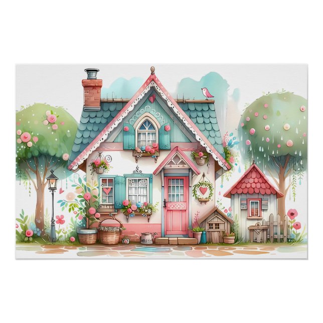 Póster Whimsical Pastel Hada Tale Cottage Art (Anverso)