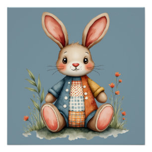 Póster Whimsical Patchwork Bunny Cottagecore Woodland