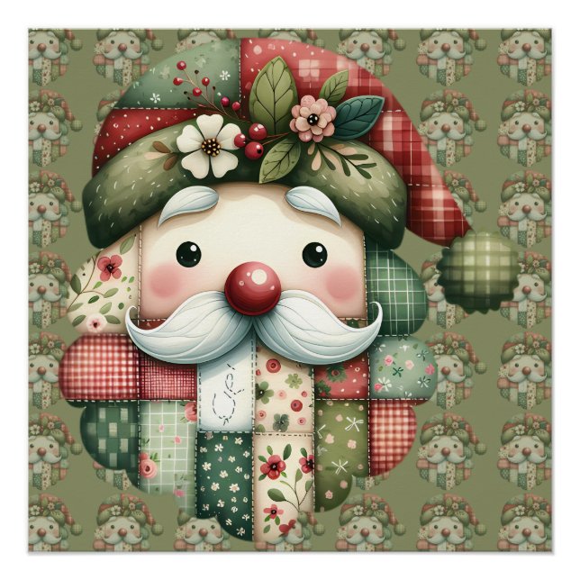 Póster Whimsical Patchwork Santa Folk Christmas (Anverso)