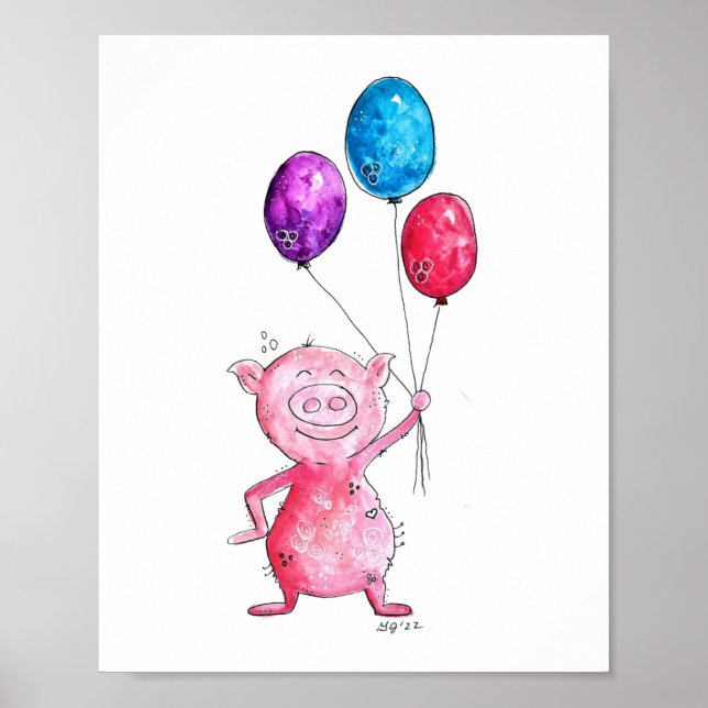 Póster Whimsical Pink Pig with Balloons (Frente)