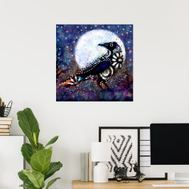 Póster Whimsical Raven Moon Floral Azul Blanco Negro