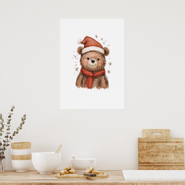 Póster Whimsical Santa Bear con una bufanda roja (Cocina)