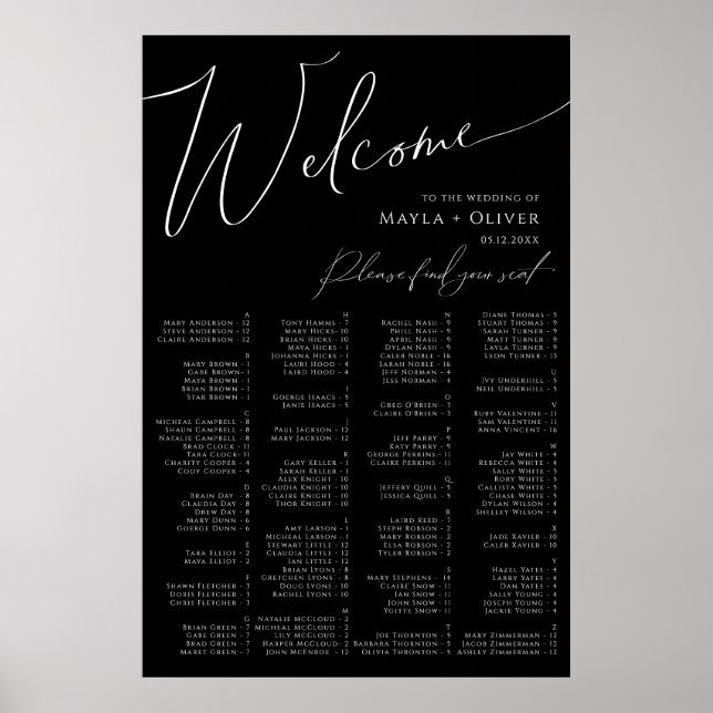 Póster Whimsical Script | Black Alphabetical Seating (Frente)
