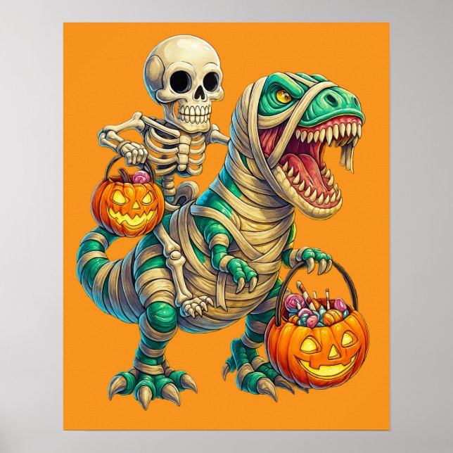 Póster Whimsical Skeleton Riding Mummy T-Rex Halloween (Frente)