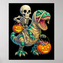 Whimsical Skeleton Riding Mummy T-Rex Halloween