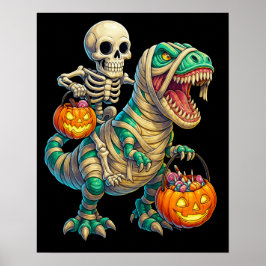 Póster Whimsical Skeleton Riding Mummy T-Rex Halloween