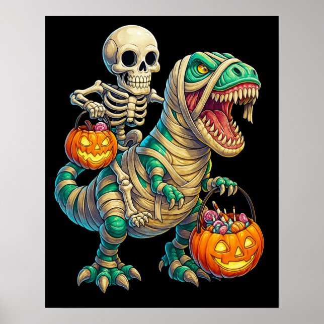 Póster Whimsical Skeleton Riding Mummy T-Rex Halloween (Frente)
