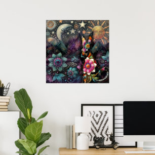 Póster Whimsical Southwest Coyote Animal Floral Sun Moon
